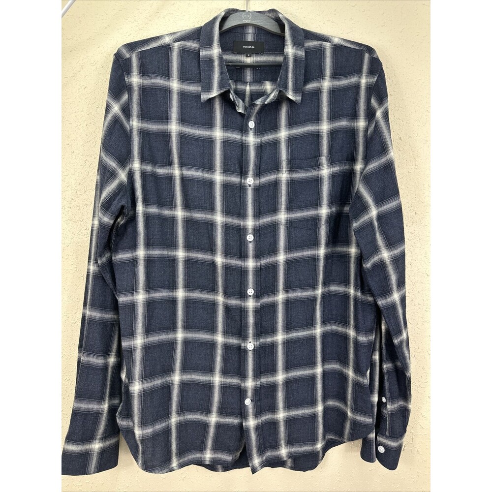 Vince Mens Shirt Medium Gray, Tan, Cotton Blend Plaid Button Up Shadow Casual